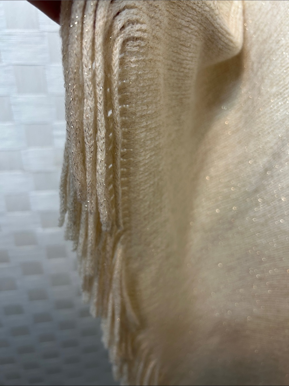 Chico's Cream Knit Poncho with Fringe Trim and Draped Collar - Picture 4 of 6